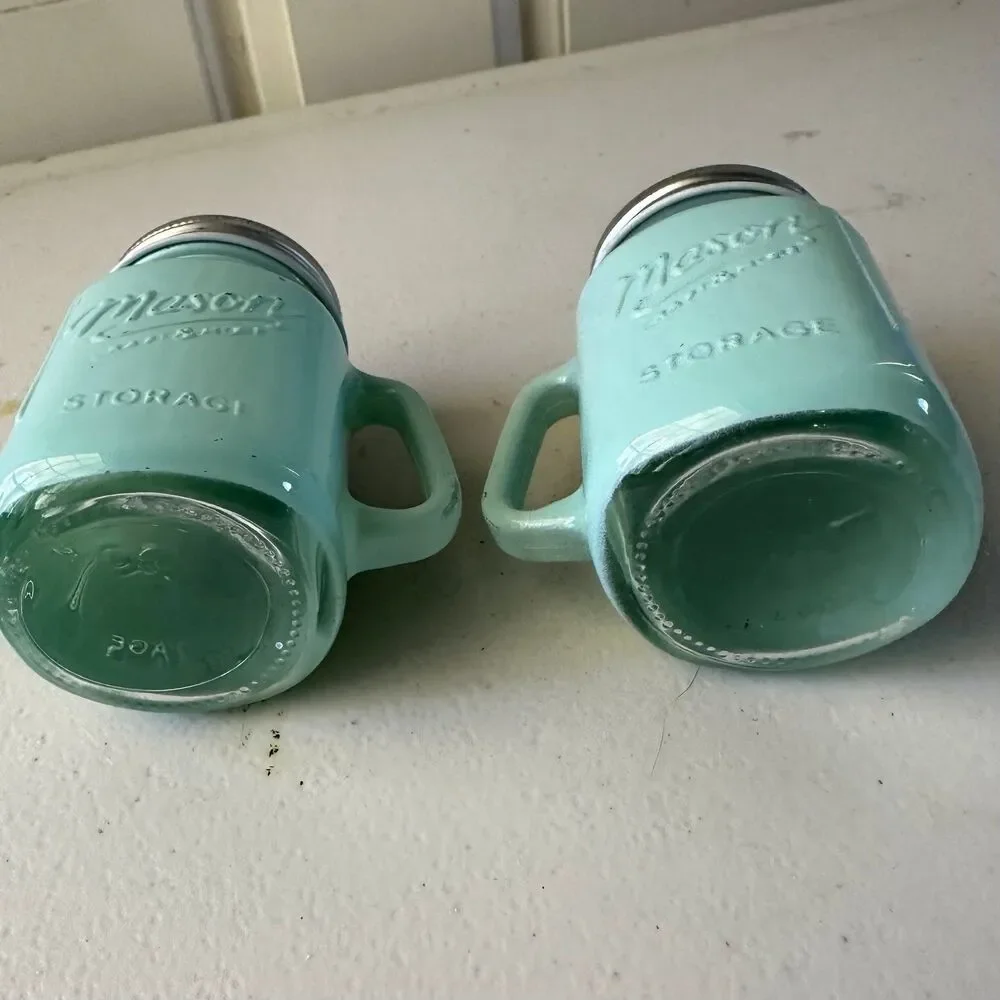 Mason Jar Craft & More Farmhouse Style Milk Glass Green Salt Pepper Shaker Set